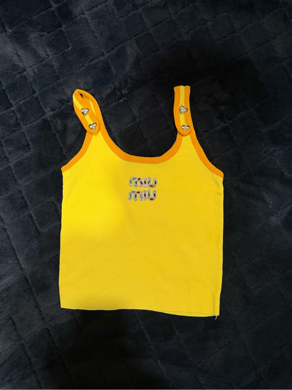 Yellow kids Mui Mui Embellished Tank Top with Heart Buttons. Perfect for kids